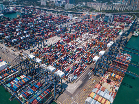 Drone fly over container terminal port in Hong Kong