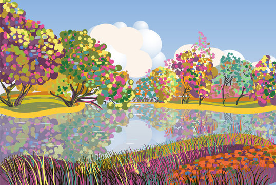 Illustration with summer landscape. Lake and trees © Suriko