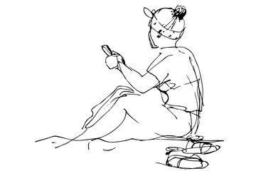  vector sketch of a girl on the beach looking into the phone.