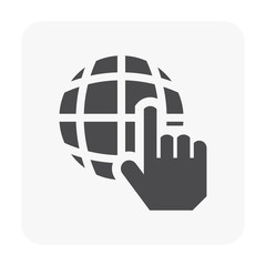 Web site or website vector icon design consist of world or globe, arrow hand. To click for access, visit, connection or go to online page, homepage, www url, network and domain by computer, internet.