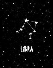 Libra Symbol. Hand Drawn Zodiac Vector Illustration. Starry Background. Black and White Childish Style Design.