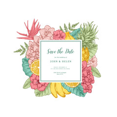 Exotic flowers, leaves and fruits. Tropical style. Elegant wedding invitation template. Vector illustration