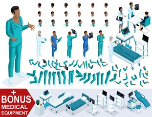 Isometric Doctor African American, create your 3d paramedic, sets of gestures of legs and hands, emotions and hairstyles. Bonus medical equipment, set 1