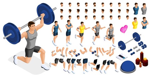 Fototapeta na wymiar Isometrics create your sporty inflated man, a set of hairstyles, emotions, hands, feet. Without, gym, jumping. Sports equipment for creative set 5