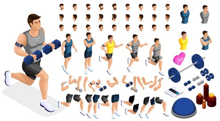 Isometrics create your sporty inflated man, a set of hairstyles, emotions, hands, feet. Without, gym, jumping. Sports equipment for creative set 3