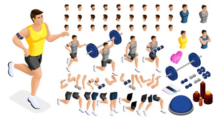 Isometrics create your sporty inflated man, a set of hairstyles, emotions, hands, feet. Without, gym, jumping. Sports equipment for creative set 1