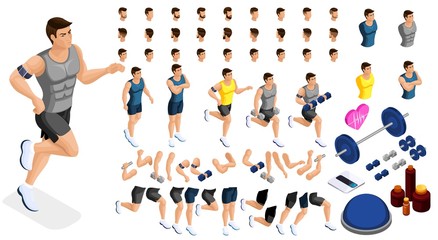 Fototapeta na wymiar Isometrics create your sporty inflated man, a set of hairstyles, emotions, hands, feet. Without, gym, jumping. Sports equipment for creative set 2