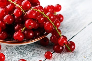 Fresh red currants on light rustic table. Healthy summer fruits