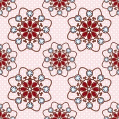 Original 3d design with jewelry on pink background.Seamless pattern with floral design. Regular texture with diamond flowers.