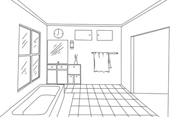 Bathroom interior hand drawing wireframe scene vector on a white backgrounds