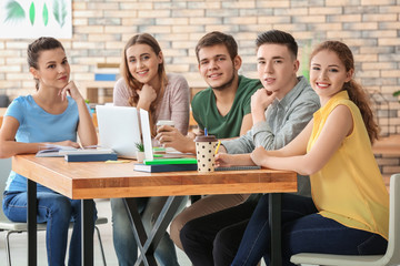 Group of teenagers with laptops studying indoors