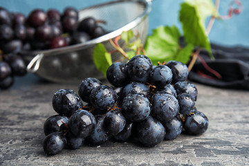 Fresh ripe juicy grapes on table. Wine ingredient