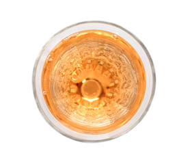 Glass of rose champagne on white background, top view