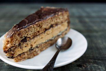 Tasty piece of chocolate cake on wooden table background
