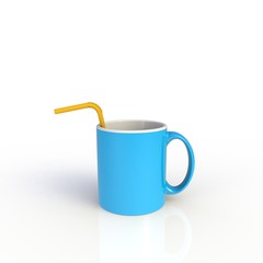 Straw in blue coffee cup isolated on white background. Mock up Template for application design. Exhibition equipment. Set template for the placement of the logo. 3D rendering.
