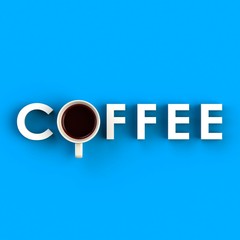 Top view of a cup of coffee in the form of letter isolated on blue background, Coffee concept illustration, 3d rendering
