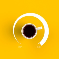 Top view of a cup of coffee in the form of volume control from minimum to maximum level isolated on yellow background, Coffee concept illustration, 3d rendering