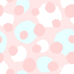 Repeated round spots painted with watercolour brush. Cute seamless pattern. Sketch, watercolor, splash.