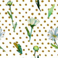 Floral pattern with dots.  Watercolor hand drawn chrysanthemum flowers, branches, leaves.  Chrysanthemum Flower. Decor for design card, textiles, fabric, clothing, linen, wedding invitation, greeting.
