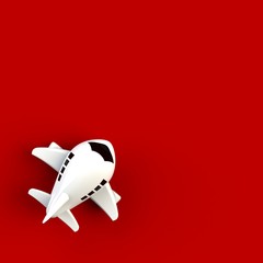 Close up of airplane illustration on red background, Top view with copy space, 3d rendering