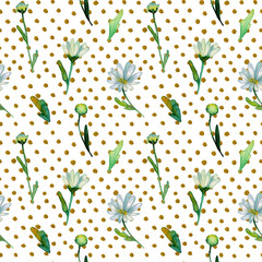 Floral pattern with dots.  Watercolor hand drawn chrysanthemum flowers, branches, leaves.  Chrysanthemum Flower. Decor for design card, textiles, fabric, clothing, linen, wedding invitation, greeting.
