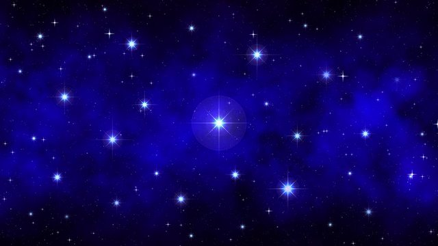 Night starry sky, dark blue dynamic space background with bright big flickering stars, moving nebula, seamless loop