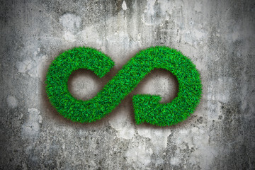 ECO and circular economy concept. The green grass in form of arrow infinity recycling symbol on...