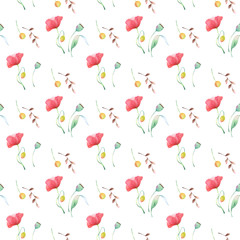 Seamless pattern with hand painted watercolor illustrations of wild flowers on white background