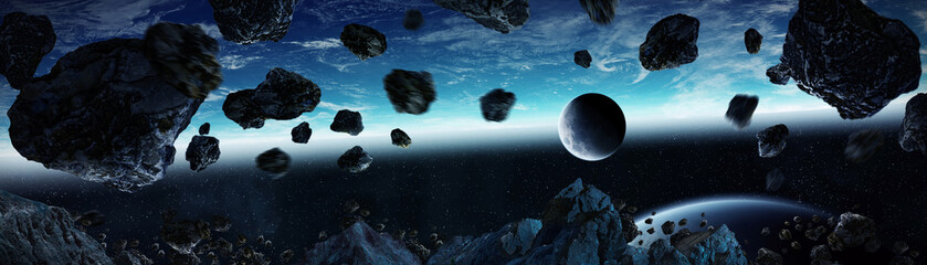 Panoramic view of planet Earth with asteroids flying close 3D rendering elements of this image furnished by NASA © sdecoret
