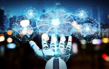 Robot creating artificial intelligence in a digital brain 3D rendering