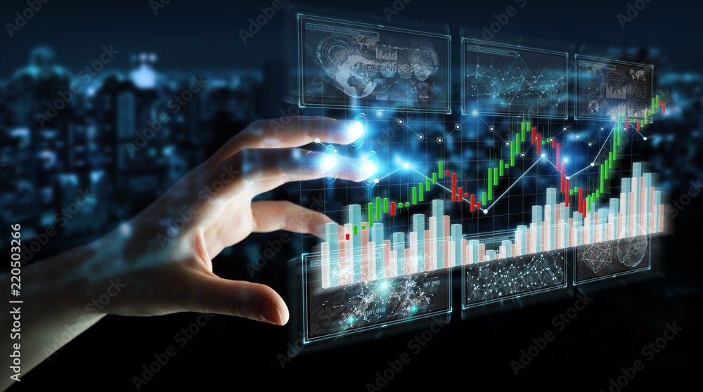 Poster Businessman using 3D rendering stock exchange datas and charts