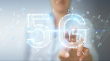Businesswoman using 5G network digital hologram 3D rendering