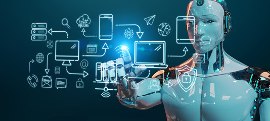 White humanoid controlling modern devices interface system