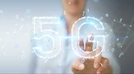Businesswoman using 5G network digital hologram 3D rendering