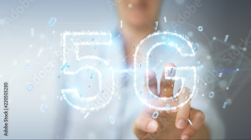 Businesswoman using 5G network digital hologram 3D rendering