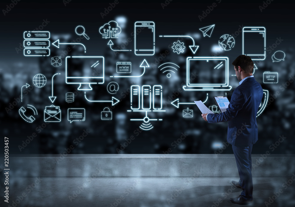 Canvas Prints businessman watching tech devices and icons thin line interface