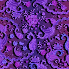 Seamless ethnic lilac floral paisley pattern.