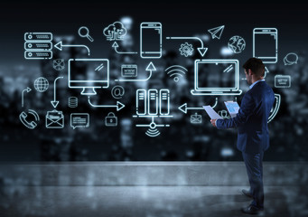 Businessman watching tech devices and icons thin line interface