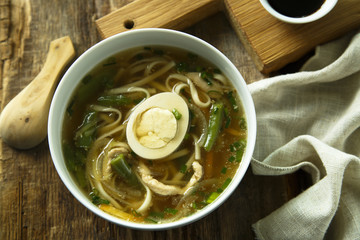 Asian style soup with noodles and egg