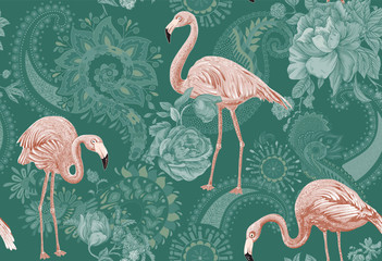 Flamingo on a colorful background. Seamless pattern with flamingos and tropical plants. Colorful pattern for textile, cover, wrapping paper, web - obrazy, fototapety, plakaty