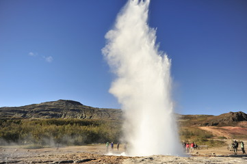 The most famous geyser in Iceland is Strokkur. Eruption of a fountain of hot water and steam occurs every 10-15 minutes.