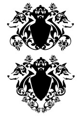 wolf heads and heraldic shields among rose flowers - black and white vintage style vector decor