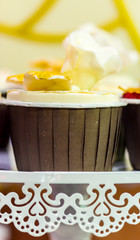 Sweet topping wedding cake decoration./ Sweet beauty flower and topping pastel color on homemade wedding cake decoration.