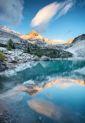  Sorapis lake in the Dolomite Alps, Italy. Mountains and reflection on the water surface. Natural landscape during sunrise in the Italy mountains. © biletskiyevgeniy.com