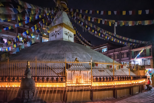 Large Buddhist Stupa Temple Lit With Candles For Festival