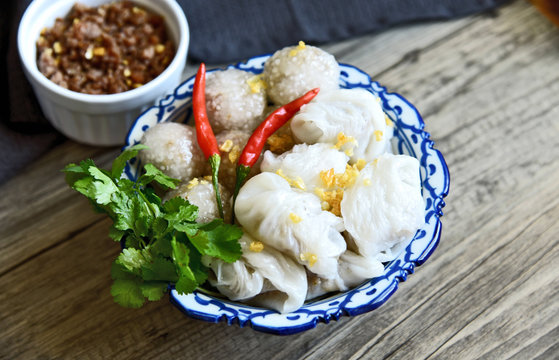 Steamed rice-skin dumplings and Tapioca Balls with Pork Filling with chili and coriander (Thai name is saku-sai-moo and Kow Griep Pag Mor)