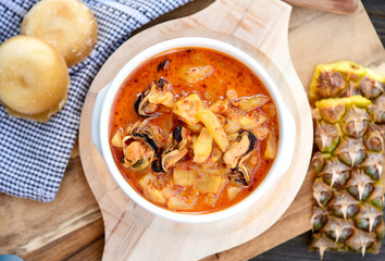 Pineapple and  Mussel Curry coconut soup (Thai name is Gang Kua Supparod)