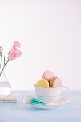 Delicious french dessert. Colorful pastel cake macaron or macaroon