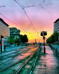 Oil painting. Art print for wall decor. Acrylic artwork. Big size poster. Watercolor drawing. Modern style fine art. Beautiful city sunset. Autumn city. Travel. Tourism. European view. Citycsape.