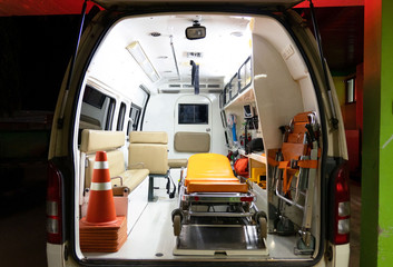 Inside an ambulance with medical equipment . Car for patient refer . © oatautta